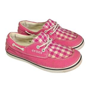 Crocs Hover Boat Shoes Womens Size 7 Pink Gingham Preppy Nautical Coastal Beach